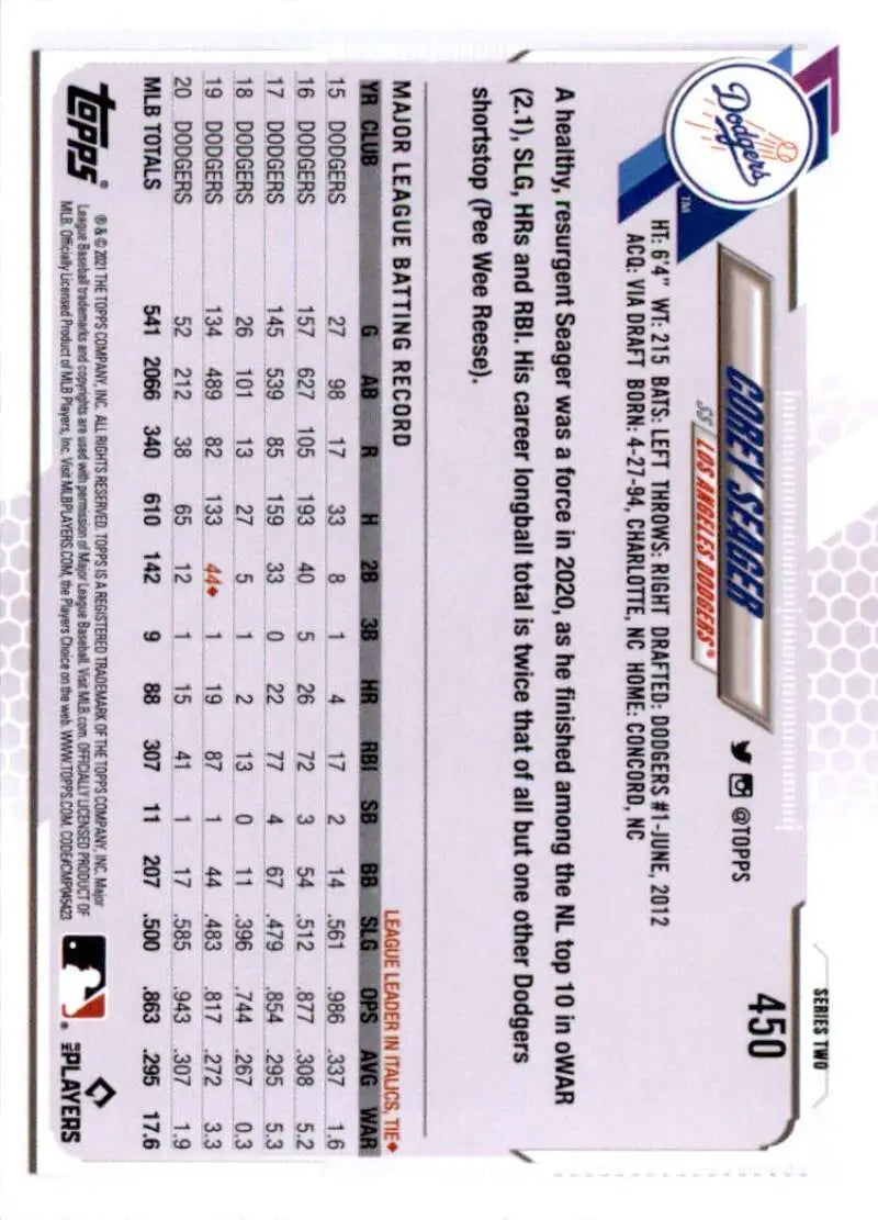 2021 Topps #450 Corey Seager NM-MT Los Angeles Dodgers Baseball Card - Baseball Card Single