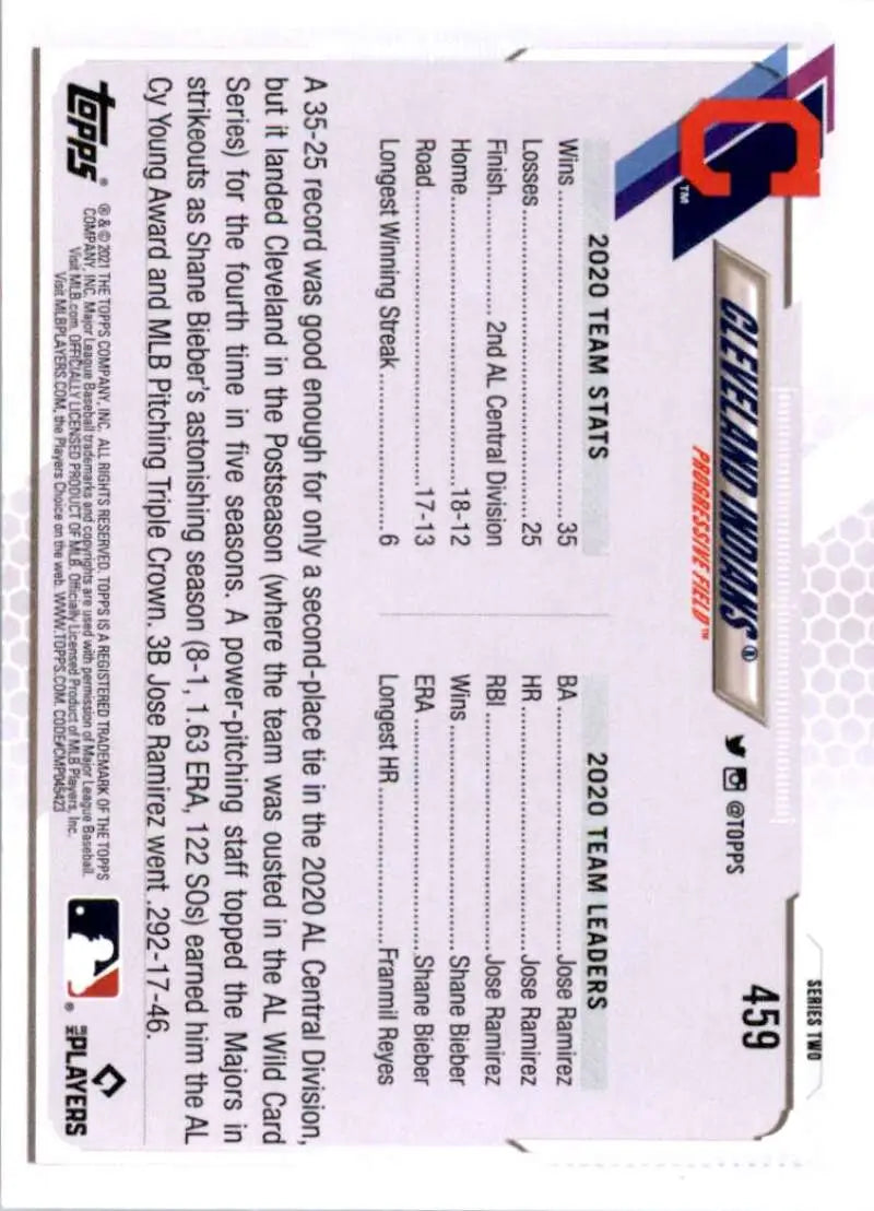 2021 Topps #459 Cleveland Indians NM-MT Baseball Card - Baseball Card Single