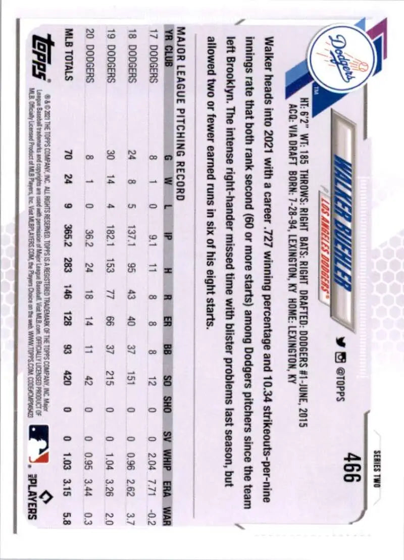 2021 Topps #466 Walker Buehler NM-MT Los Angeles Dodgers Baseball Card - Baseball Card Single