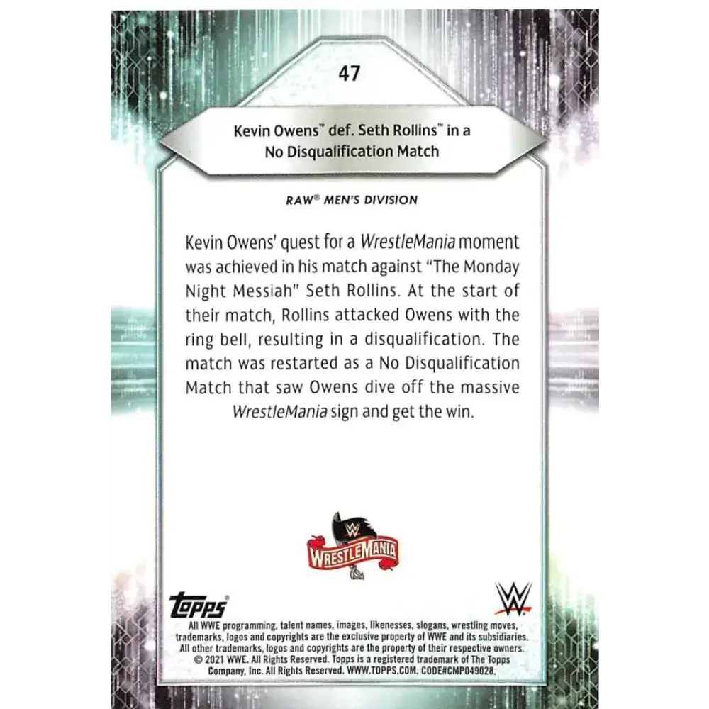 2021 Topps #47 Kevin Owens NM-MT Wrestling Card - Wrestling Card Single