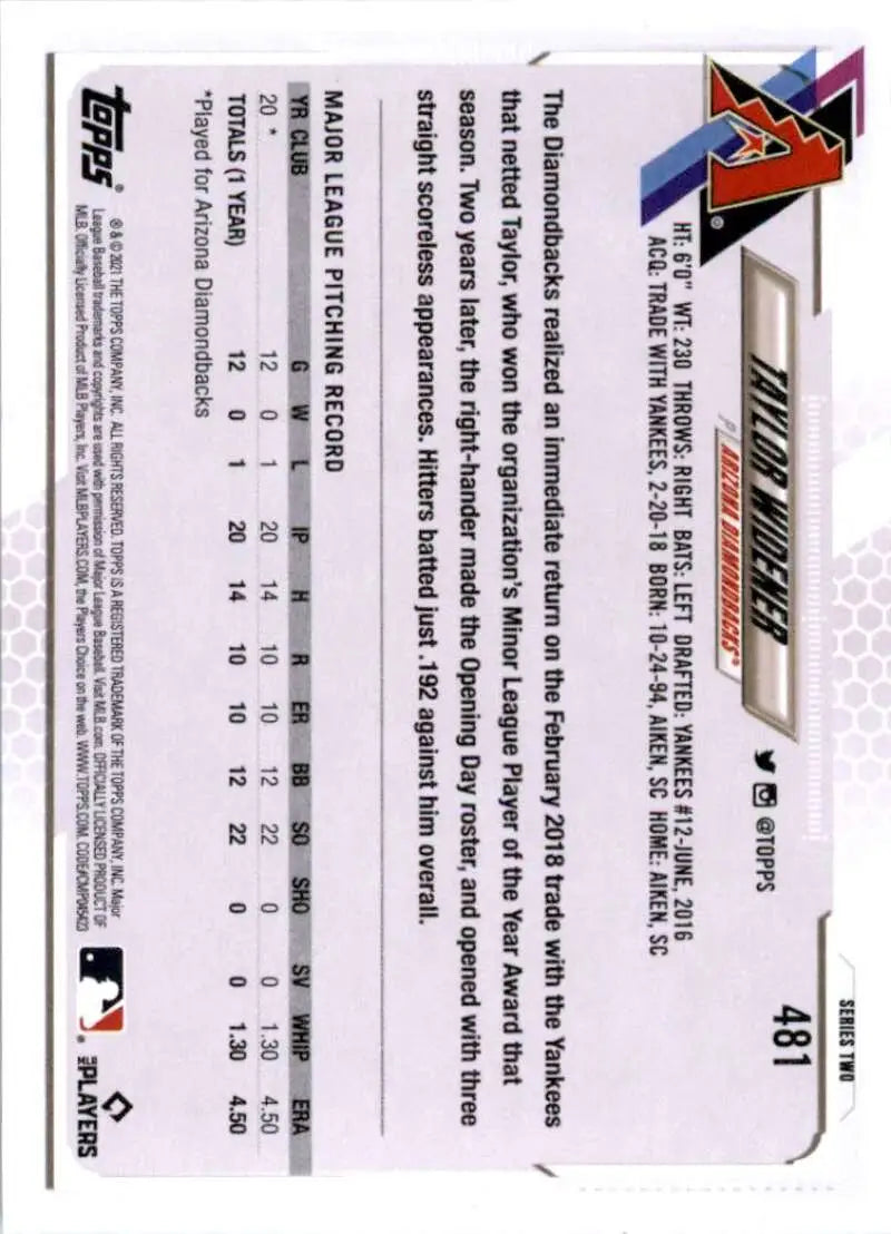 2021 Topps #481 Taylor Widener NM-MT RC Rookie Arizona Diamondbacks Baseball Card - Baseball Card Single