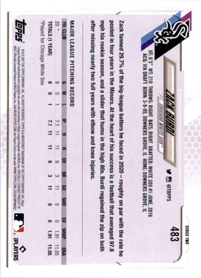 2021 Topps #483 Zack Burdi NM-MT RC Rookie Chicago White Sox Baseball Card - Baseball Card Single