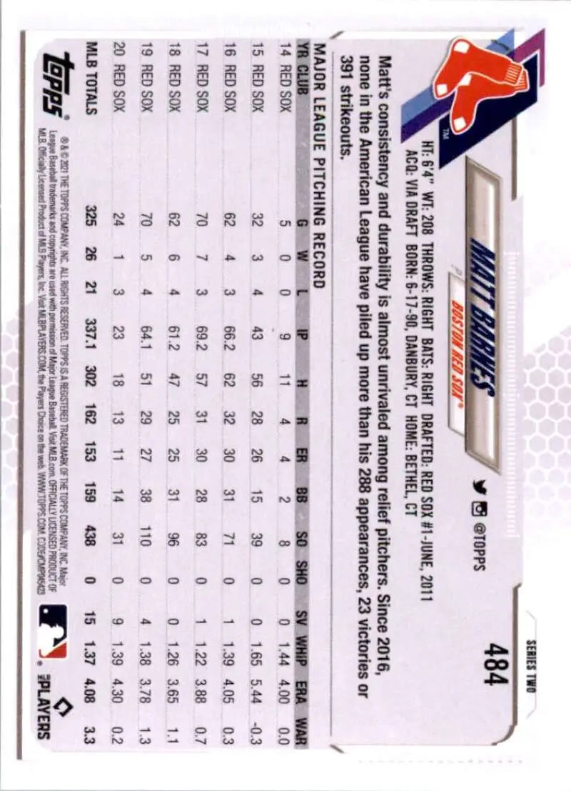 2021 Topps #484 Matt Barnes NM-MT Boston Red Sox Baseball Card - Baseball Card Single