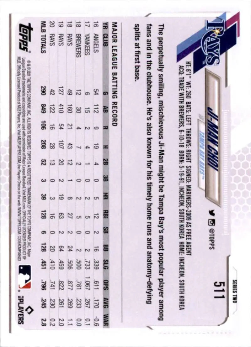 2021 Topps #511 Ji-Man Choi NM-MT Tampa Bay Rays Baseball Card - Baseball Card Single