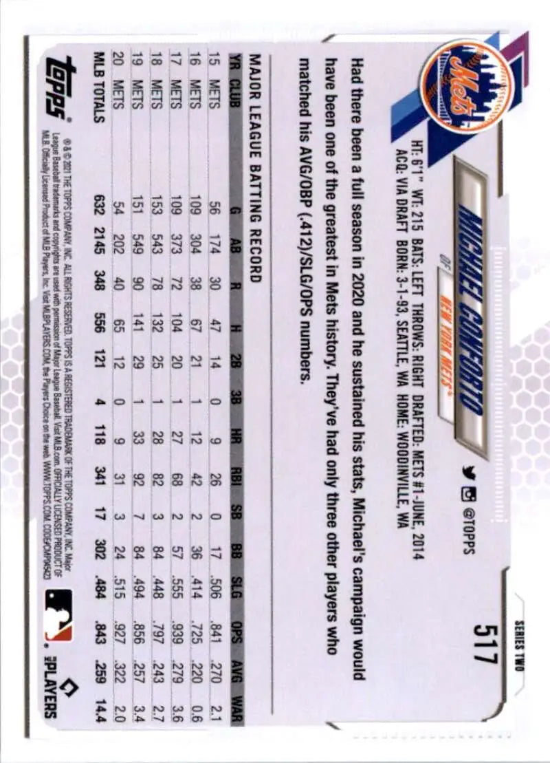 2021 Topps #517 Michael Conforto NM-MT New York Mets Baseball Card - Baseball Card Single