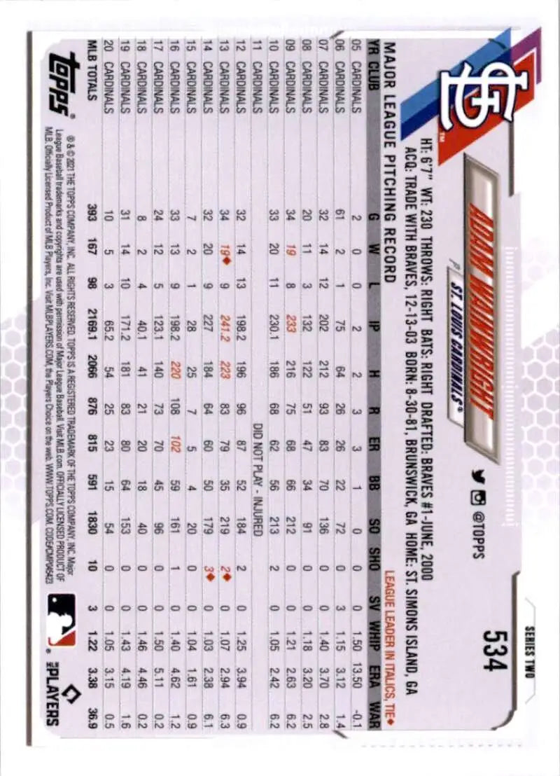 2021 Topps #534 Adam Wainwright NM-MT St. Louis Cardinals Baseball Card - Baseball Card Single