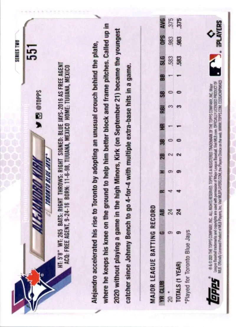 2021 Topps #551 Alejandro Kirk NM-MT RC Rookie Toronto Blue Jays Baseball Card - Baseball Card Single