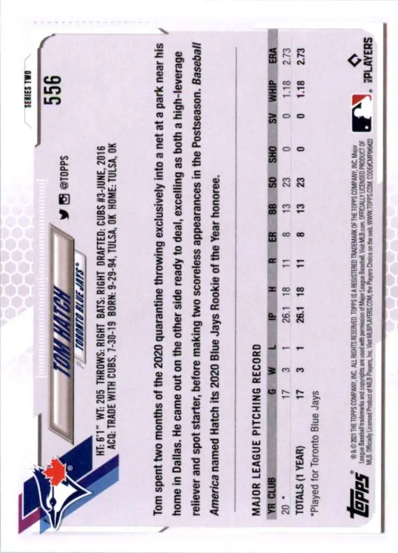 2021 Topps #556 Tom Hatch NM-MT RC Rookie Toronto Blue Jays Baseball Card - Baseball Card Single