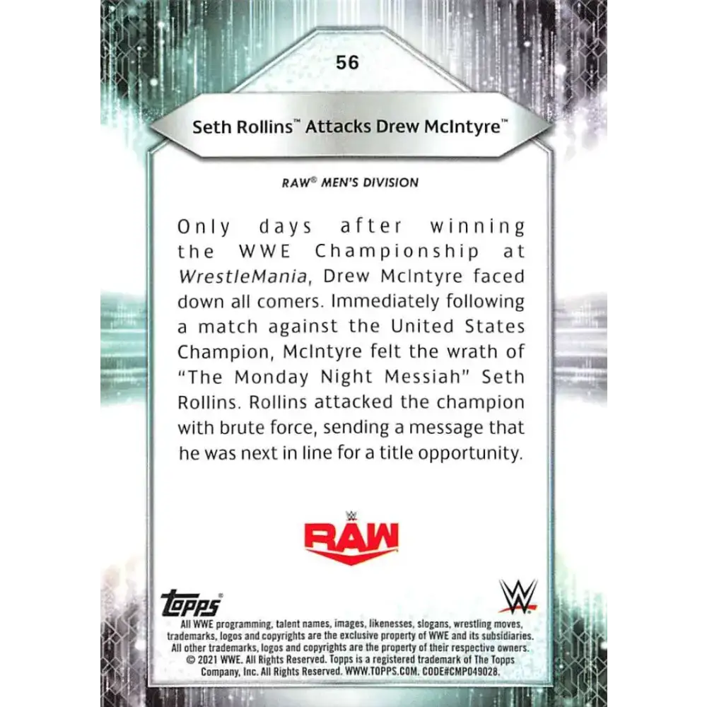 2021 Topps #56 Seth Rollins NM-MT Wrestling Card - Non-Sports Card Single