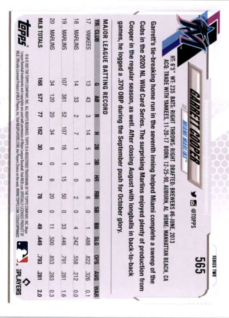 2021 Topps #565 Garrett Cooper NM-MT Miami Marlins Baseball Card - Baseball Card Single