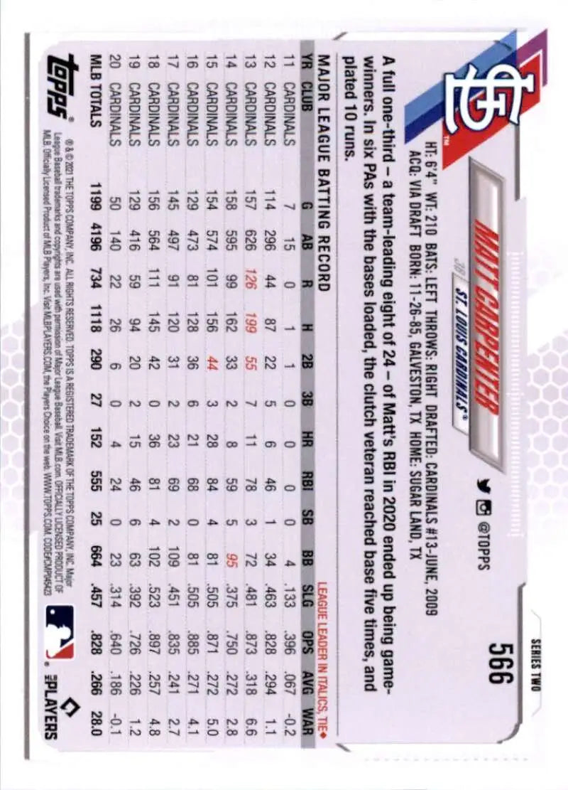 2021 Topps #566 Matt Carpenter NM-MT St. Louis Cardinals Baseball Card - Baseball Card Single