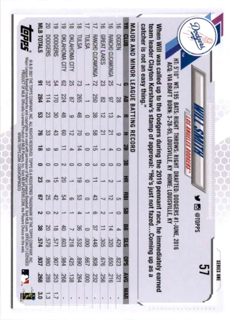 2021 Topps #57 Will Smith NM-MT Los Angeles Dodgers Baseball Card - Baseball Card Single