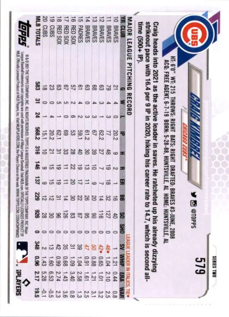2021 Topps #579 Craig Kimbrel NM-MT Chicago Cubs Baseball Card - Baseball Card Single
