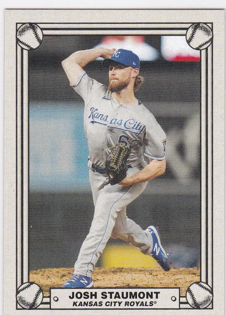 Baseball card of Josh Staumont Kansas City Royals mid-throw from Montgomery Club Set