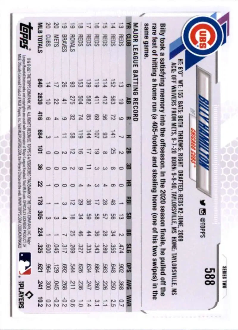 2021 Topps #588 Billy Hamilton NM-MT Chicago Cubs Baseball Card - Baseball Card Single