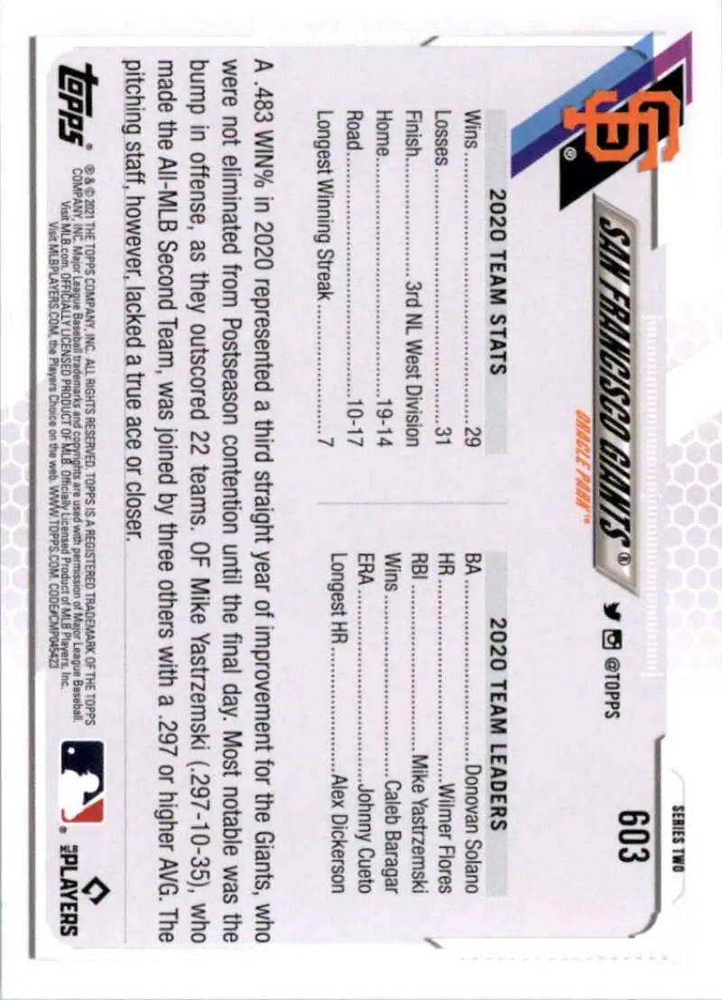 2021 Topps #603 San Francisco Giants NM-MT Baseball Card - Baseball Card Single