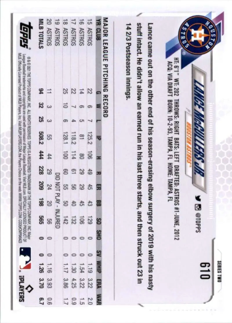 2021 Topps #610 Lance McCullers Jr. NM-MT Houston Astros Baseball Card - Baseball Card Single