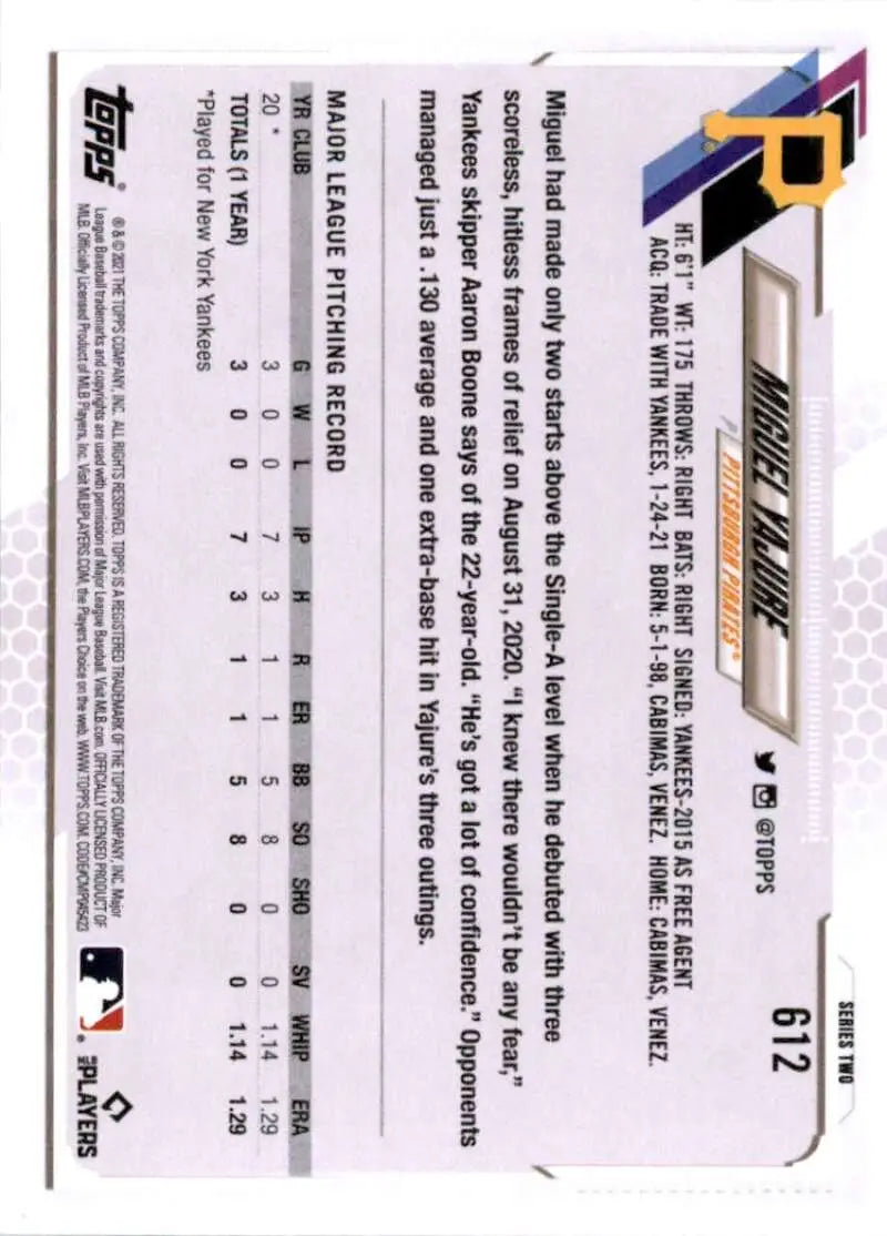 2021 Topps #612 Miguel Yajure NM-MT RC Rookie Pittsburgh Pirates Baseball Card - Baseball Card Single