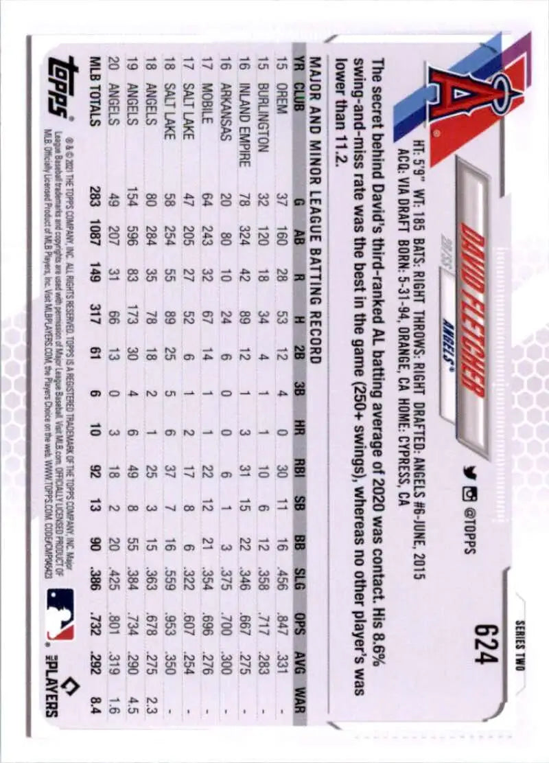 2021 Topps #624 David Fletcher NM-MT Los Angeles Angels Baseball Card - Baseball Card Single