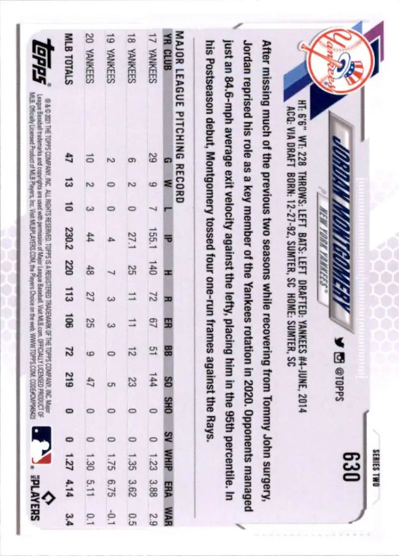 2021 Topps #630 Jordan Montgomery NM-MT New York Yankees Baseball Card - Baseball Card Single
