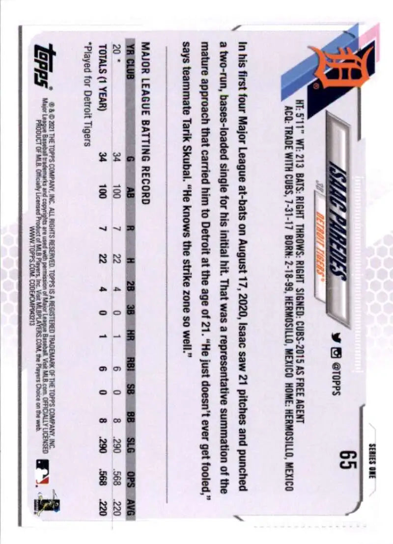 2021 Topps #65 Isaac Paredes NM-MT RC Rookie Detroit Tigers Baseball Card - Baseball Card Single