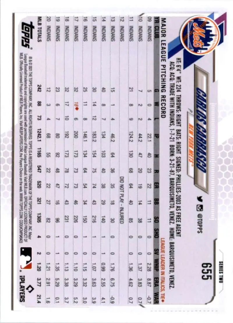 2021 Topps #655 Carlos Carrasco NM-MT New York Mets Baseball Card - Baseball Card Single