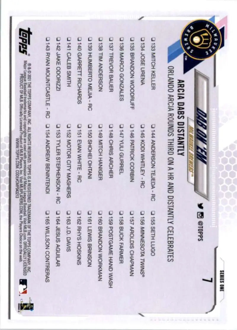 2021 Topps #7 Dab on ’Em NM-MT Milwaukee Brewers Baseball Card - Baseball Card Single