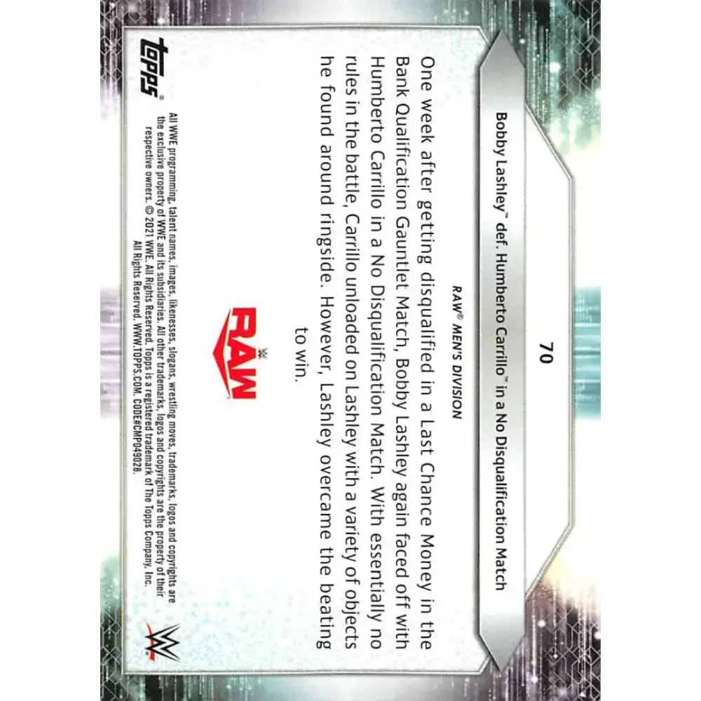 2021 Topps #70 Bobby Lashley NM-MT Wrestling Card - Wrestling Card Single