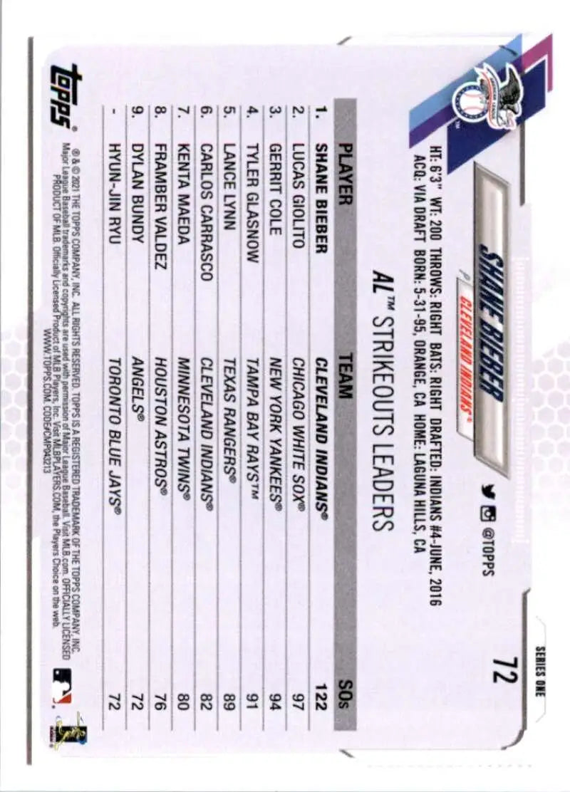 2021 Topps #72 Shane Bieber NM-MT Cleveland Indians Baseball Card - Baseball Card Single