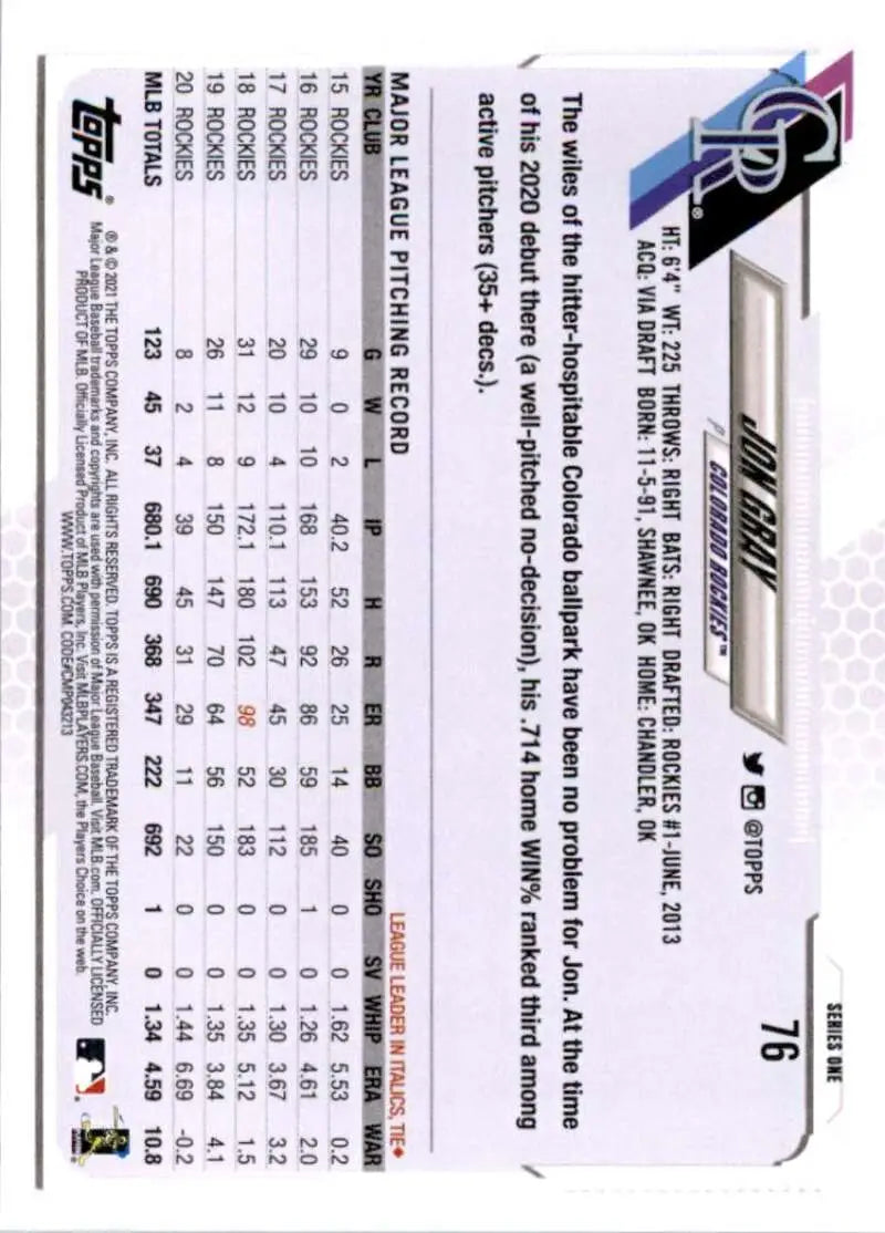 2021 Topps #76 Jon Gray NM-MT Colorado Rockies Baseball Card - Baseball Card Single
