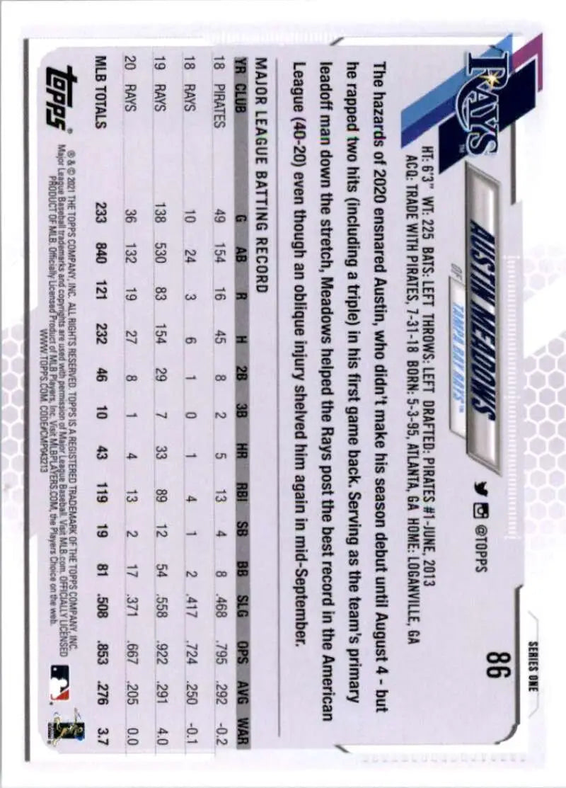 2021 Topps #86 Austin Meadows NM-MT Tampa Bay Rays Baseball Card - Baseball Card Single