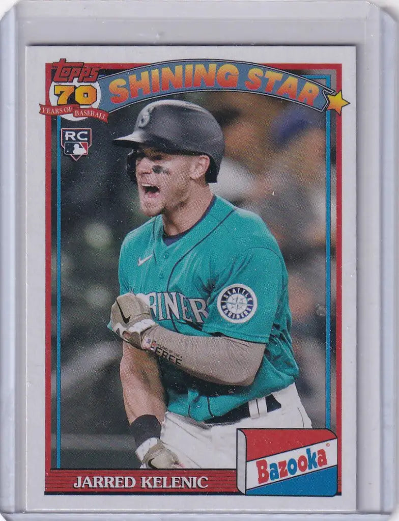Baseball card of Jarred Kelenic celebrating in teal jersey for Seattle Mariners 91BZa