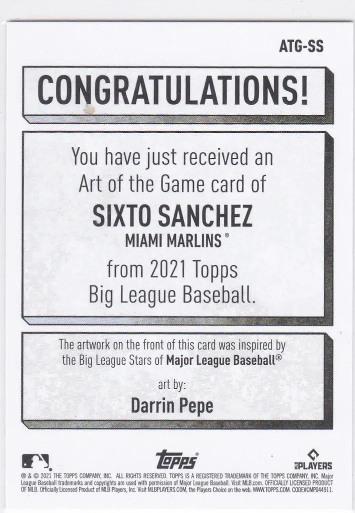 Congratulatory notice for Sixto Sanchez Art of the Game card from Miami Marlins Topps Big League