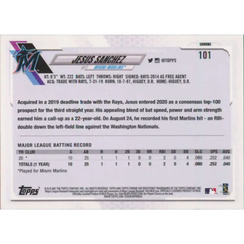 2021 Topps Chrome #101 Jesus Sanchez NM-MT RC Rookie Miami Marlins Baseball Card - Baseball Card Single