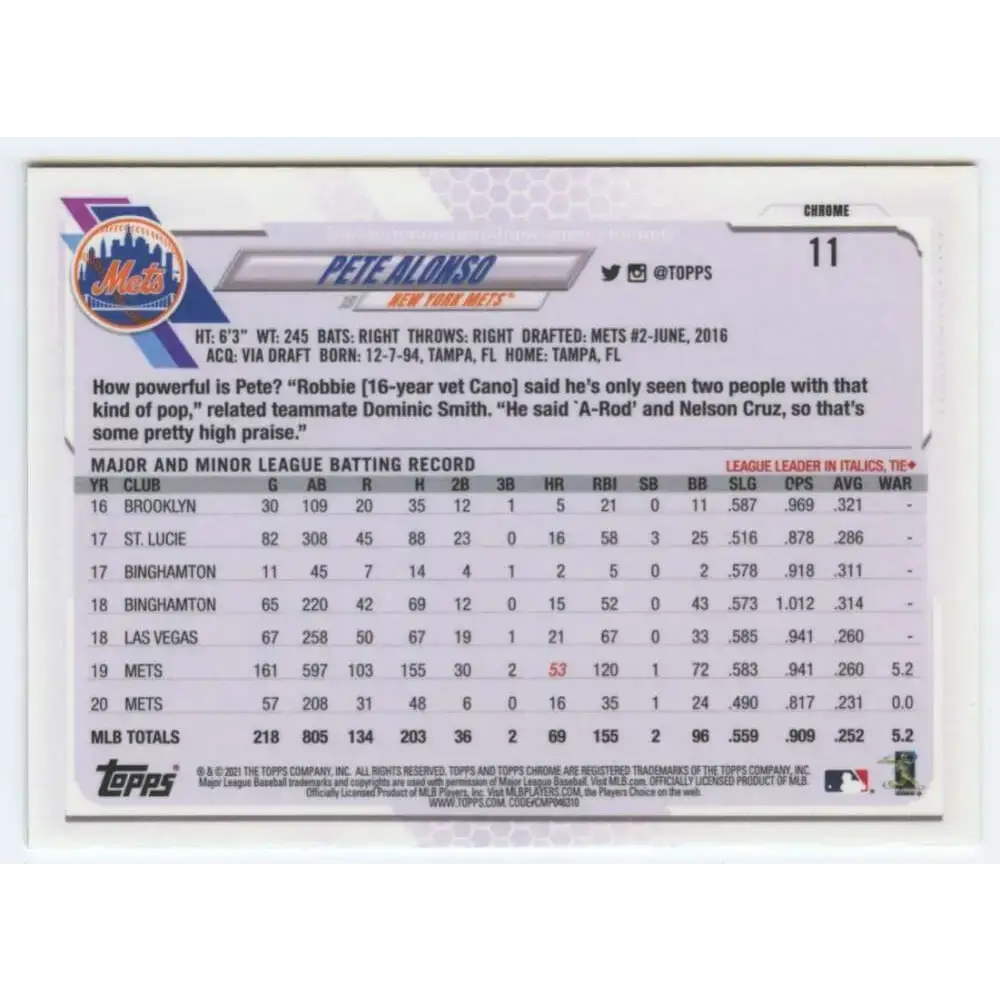 2021 Topps Chrome #11 Pete Alonso NM-MT New York Mets Baseball Card - Baseball Card Single