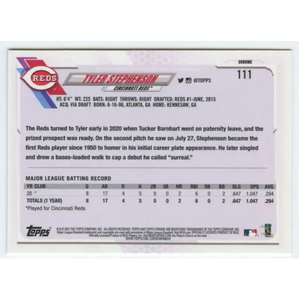 2021 Topps Chrome #111 Tyler Stephenson NM-MT RC Rookie Cincinnati Reds Baseball Card - Baseball Card Single