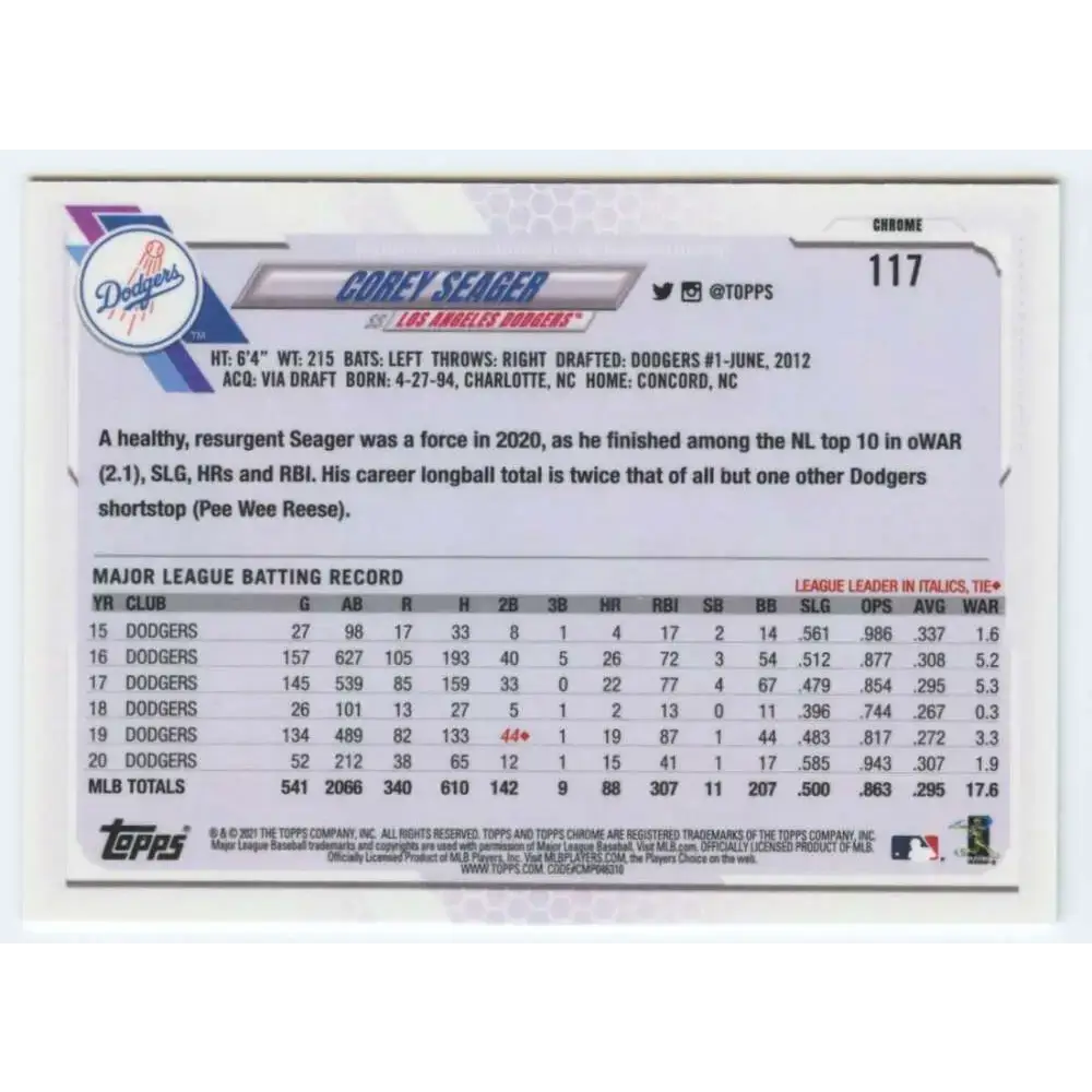 2021 Topps Chrome #117 Corey Seager NM-MT Los Angeles Dodgers Baseball Card - Baseball Card Single