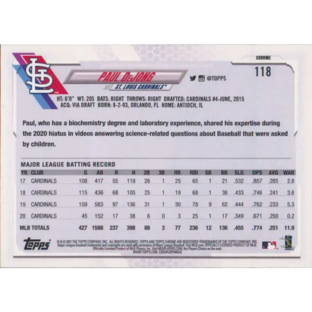 2021 Topps Chrome #118 Paul DeJong NM-MT St. Louis Cardinals Baseball Card - Baseball Card Single