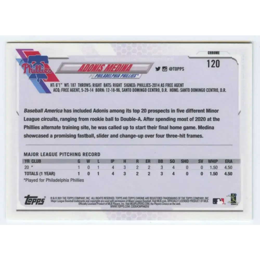 2021 Topps Chrome #120 Adonis Medina NM-MT RC Rookie Philadelphia Phillies Baseball Card - Baseball Card Single
