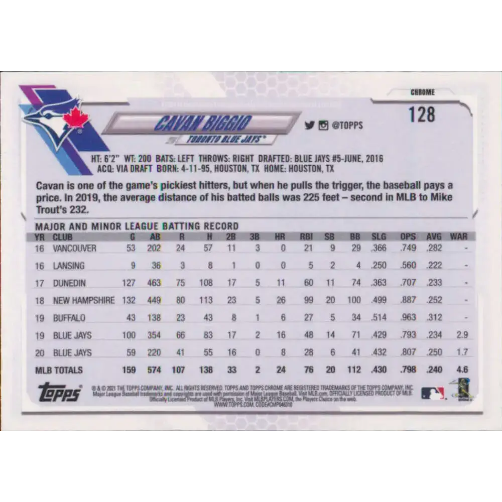 2021 Topps Chrome #128 Cavan Biggio NM-MT Toronto Blue Jays Baseball Card - Baseball Card Single