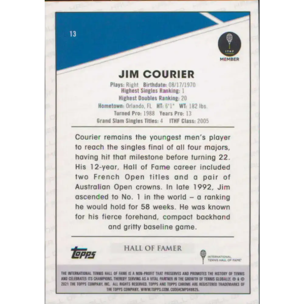 2021 Topps Chrome #13 Jim Courier NM-MT Tennis Card - Other