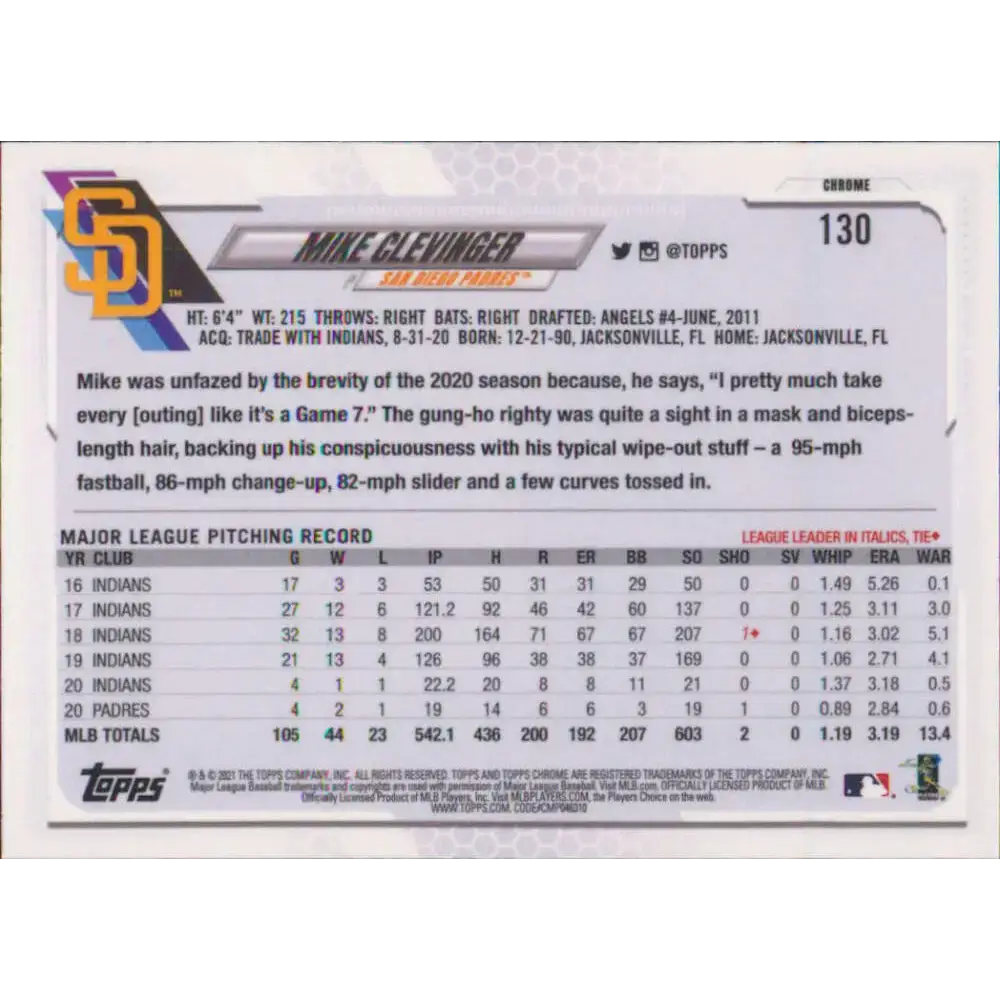 2021 Topps Chrome #130 Mike Clevinger NM-MT San Diego Padres Baseball Card - Baseball Card Single