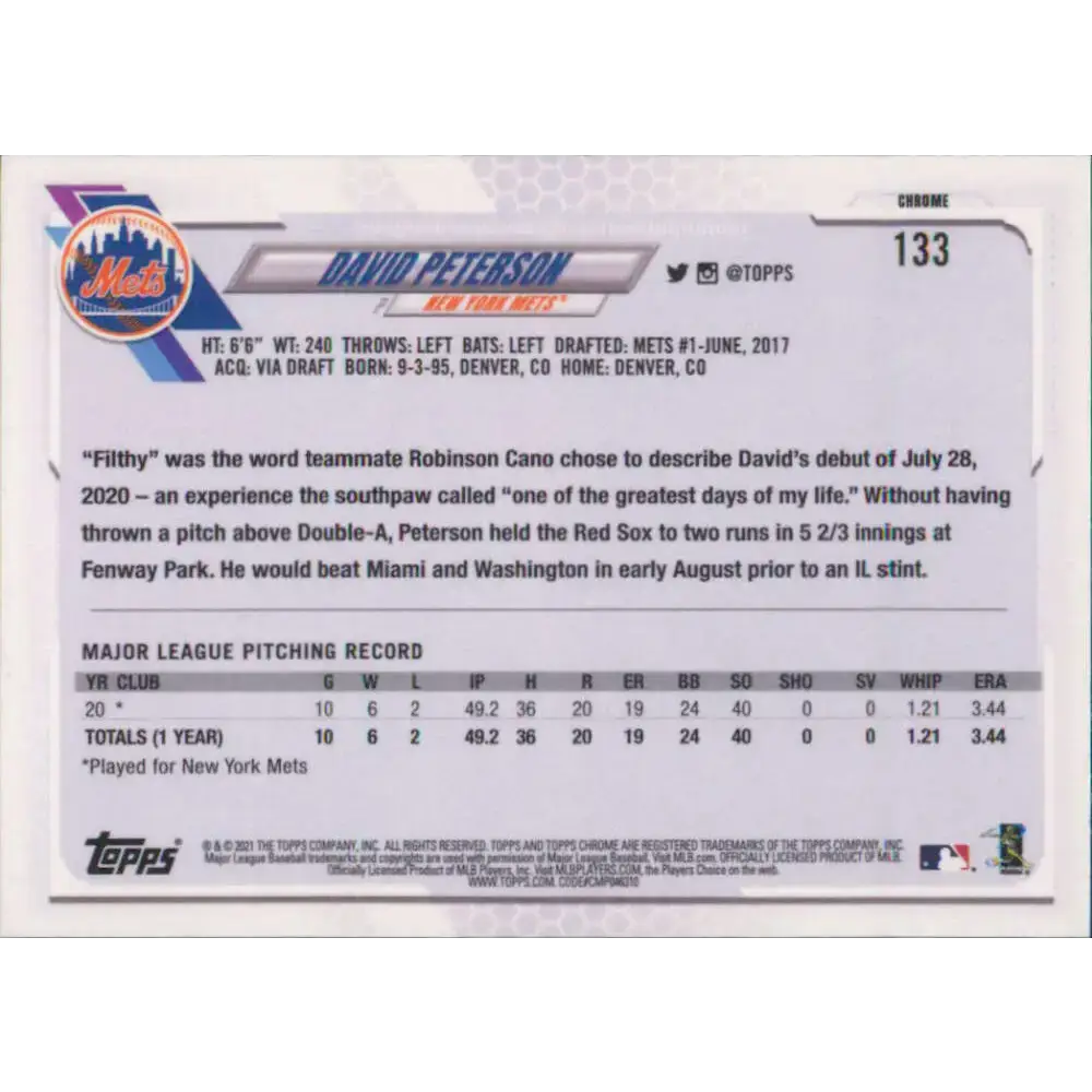 2021 Topps Chrome #133 David Peterson NM-MT RC Rookie New York Mets Baseball Card - Baseball Card Single