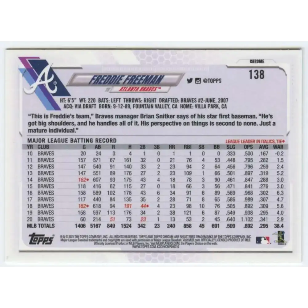 2021 Topps Chrome #138 Freddie Freeman NM-MT Atlanta Braves Baseball Card - Baseball Card Single