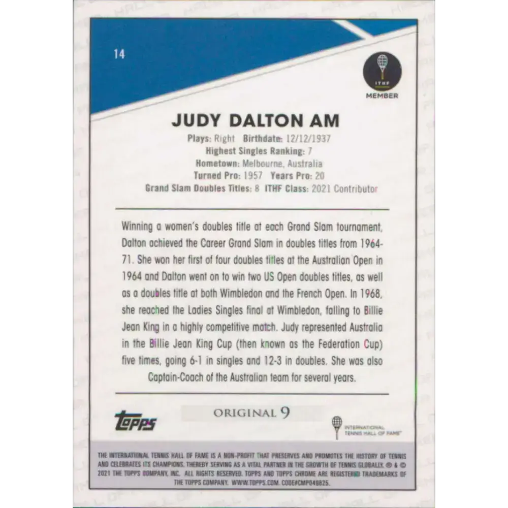 2021 Topps Chrome #14 Judy Dalton NM-MT Tennis Card - Tennis Card Single