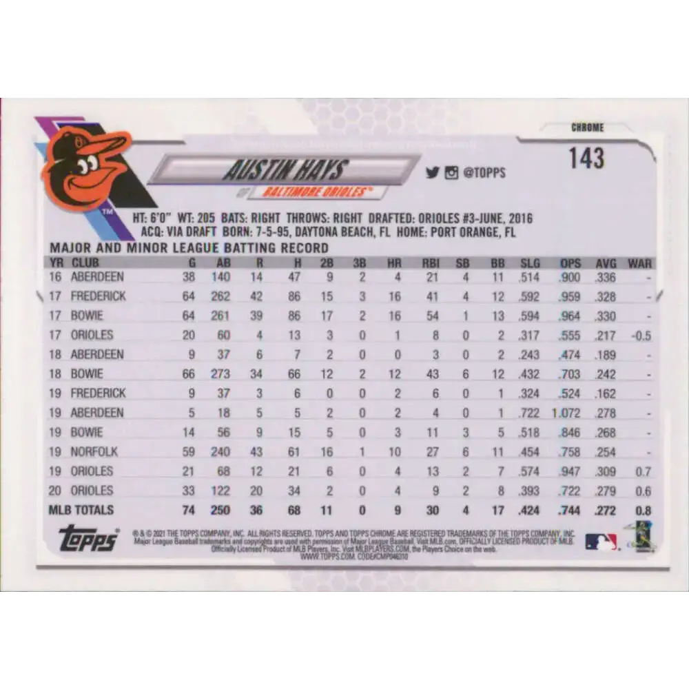2021 Topps Chrome #143 Austin Hays NM-MT Baltimore Orioles Baseball Card - Baseball Card Single