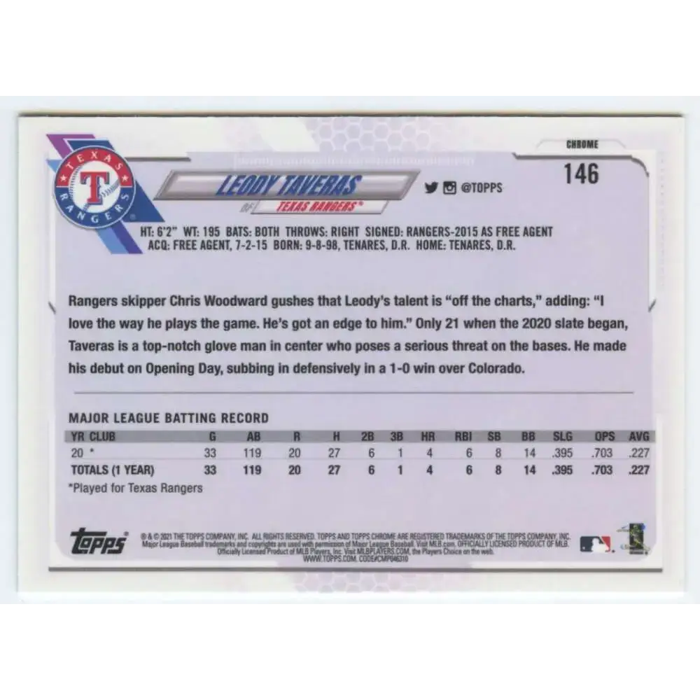 2021 Topps Chrome #146 Leody Taveras NM-MT RC Rookie Texas Rangers Baseball Card - Baseball Card Single