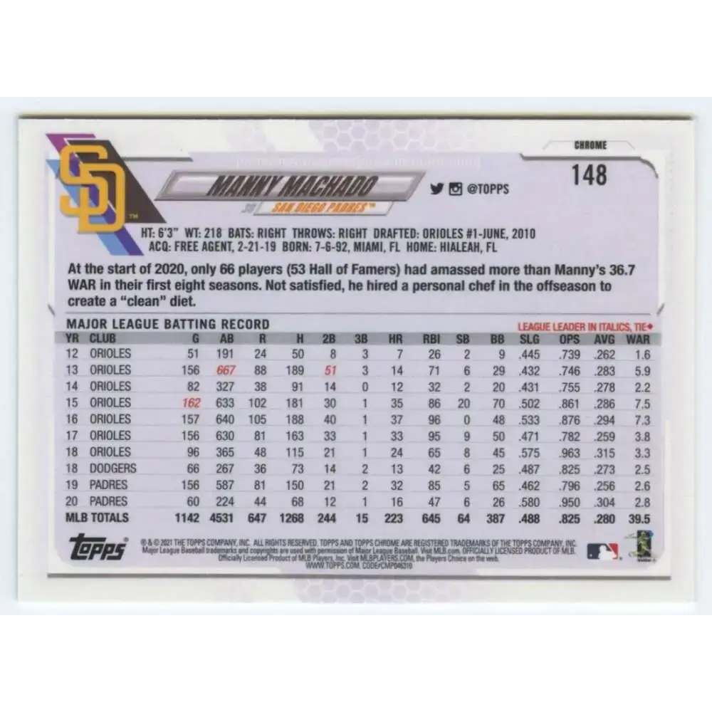 2021 Topps Chrome #148 Manny Machado NM-MT San Diego Padres Baseball Card - Baseball Card Single