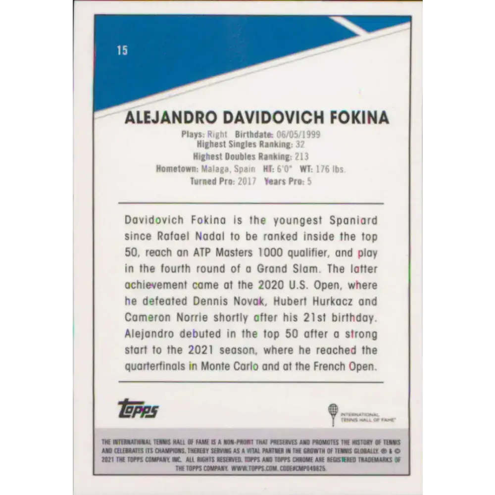 2021 Topps Chrome #15 Alejandro Davidovich Fokina NM-MT Tennis Card - Other