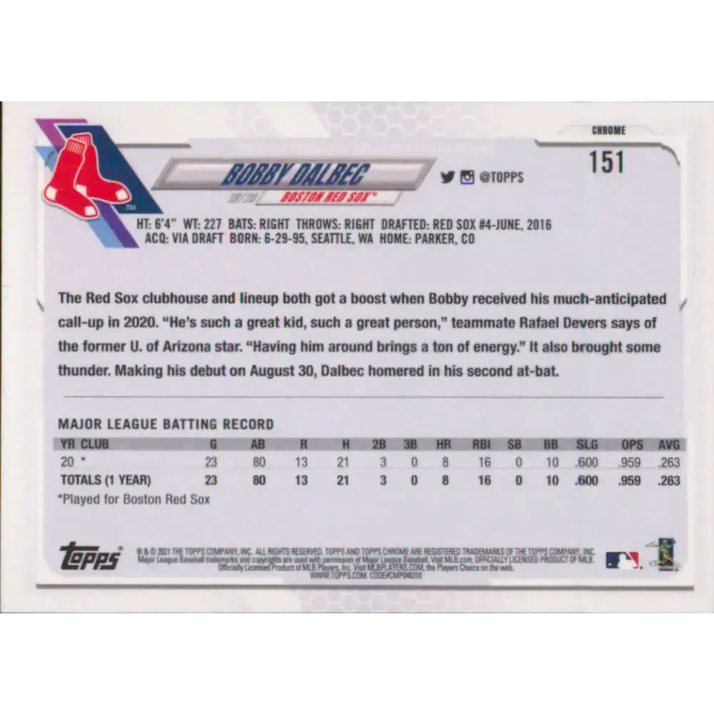 2021 Topps Chrome #151 Bobby Dalbec NM-MT RC Rookie Boston Red Sox Baseball Card - Baseball Card Single